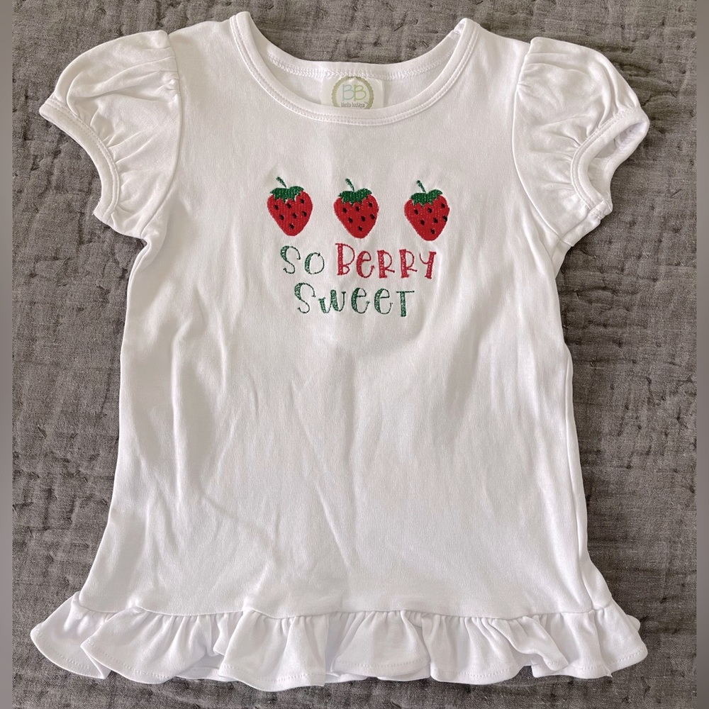 Blanke Boutique So Berry Sweet Girls’ White Ruffle T-Shirt Embroidered 3T Cotton
